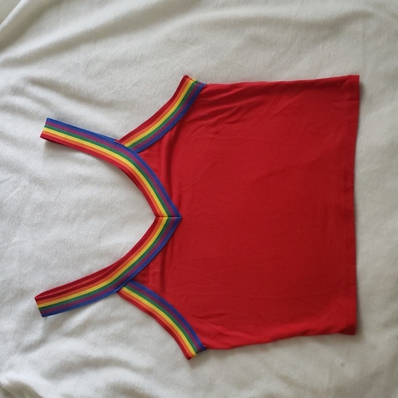 Tops - Red crop top tank with rainbow border small mark pictured